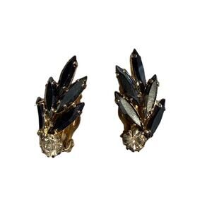 Vintage Black Rhinestone Leaf Clip On Earrings (SF9)